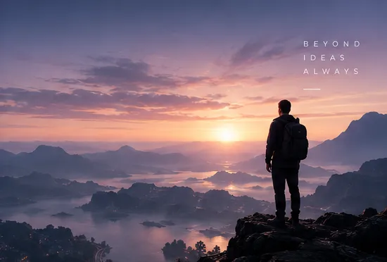 Um explorador observa um horizonte de montanhas ao nascer do sol